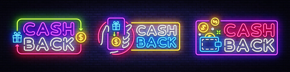 Cash Back neon signs collection vector design template. Cash Back symbols neon logo, light banner design element colorful modern design trend, night bright advertising, bright sign. Vector