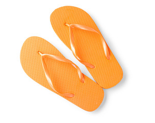 Female beach flip-flops on white background