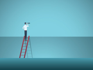 Business leadership, visionary, career vector concept. Businessman on corporate ladder with telescope. Symbol of new opportunities, vision, success, leader. © jozefmicic