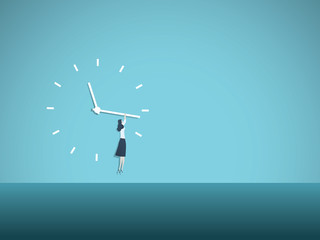 Time's up movement vector illustration concept with woman hanging on clock face. Symbol of progress, equal opportunities, salary gap, gender issues.