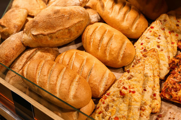 Delicious fresh bakery on shelf in supermarket