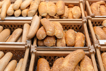 Fresh tasty bread in supermarket