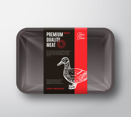Premium Quality Duck Meat Package and Label Stripe. Vector Food Plastic Tray Container with Cellophane Cover. Packaging Design Layout. Modern Typography and Hand Drawn Duck Silhouette Background.