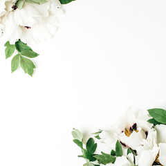 Floral composition of white peony flowers on white background. Flat lay, top view mock up.