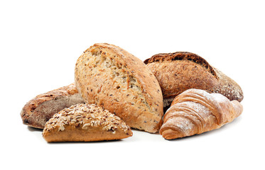 Different bakery products on white background