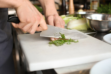 Male chef cutting green onions, closeup