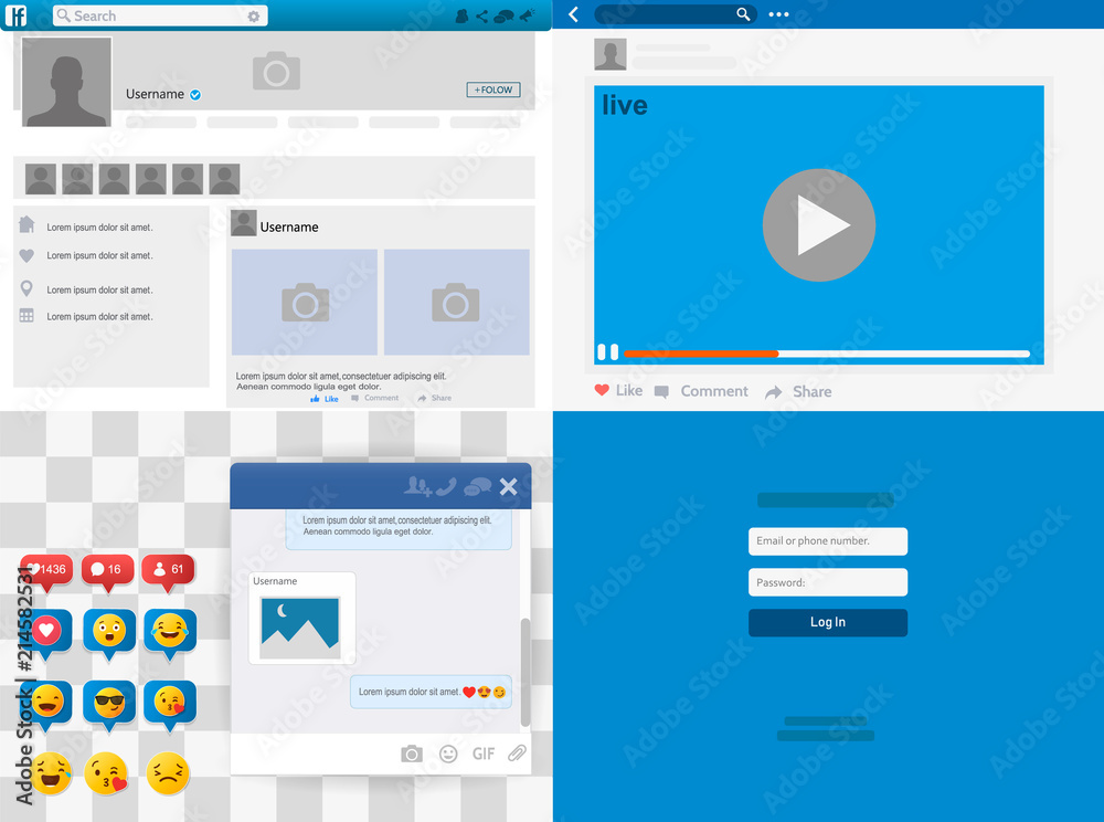 Poster Social network Mock up, post frames and other pages, Web page browser, concept of Social Page Interface on the laptop vector illustration.