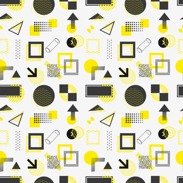 Seamless pattern universal trend halftone geometric shapes set juxtaposed with bright bold yellow elements composition. Design elements for Magazine, leaflet, billboard, sale