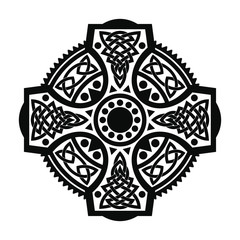 Naklejka premium Celtic cross with national ornament as interlaced ribbon and dogs isolated on white background.