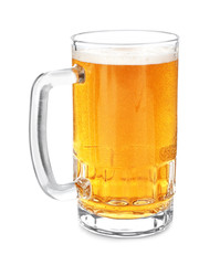 Mug of cold beer on white background