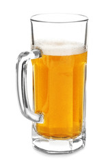 Mug of cold beer on white background