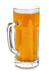 Mug of cold beer on white background