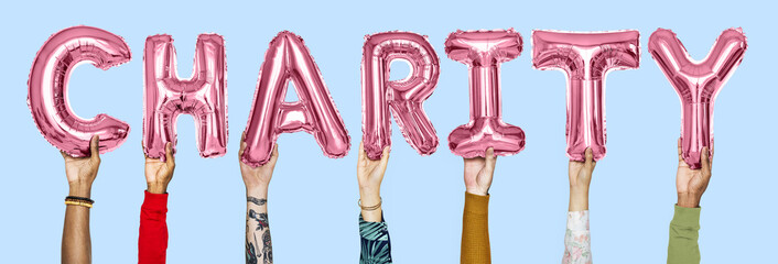 Pink alphabet balloons forming the word charity