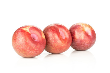 Group of three whole fresh pluot interspecific plums variety in a row isolated on white