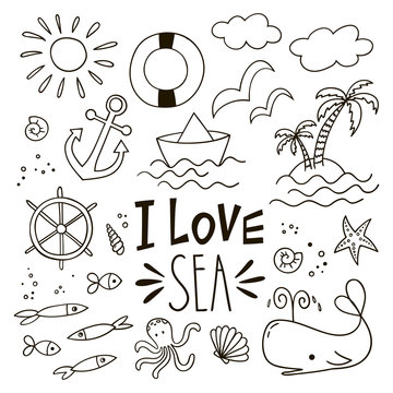 Set of lovely doodle icons. Hand-drawn bout, sea animals and other elements. Black and white vector clipart.