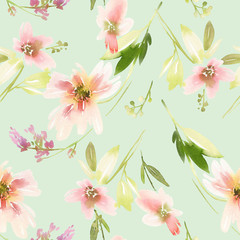 Seamless summer pattern with watercolor flowers handmade.