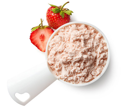 Measuring spoon of strawberry protein powder