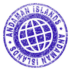 ANDAMAN ISLANDS stamp imprint with distress texture. Blue vector rubber seal imprint of ANDAMAN ISLANDS tag with dirty texture. Seal has words placed by circle and planet symbol.