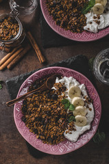Granola baked in oven with nuts