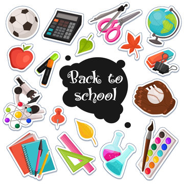 School stickers collection. Vector illustration of education objects stamps isolated on white background. Back to school