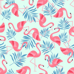 Flamingo Bird and Tropical Flowers Background - Retro seamless pattern