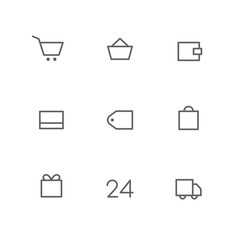 Basic outline icon set - shopping cart, basket, wallet, credit card, price tag, bag, gift, open hours and car symbols. Online store, around the clock shop, delivery, payment and purchase vector signs.