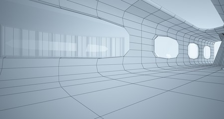 Abstract drawing white interior multilevel public space with window. 3D illustration and rendering.