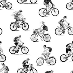 Seamless background of the sketches of young cyclists