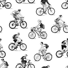 Fototapeta premium Seamless background of the sketches of young cyclists
