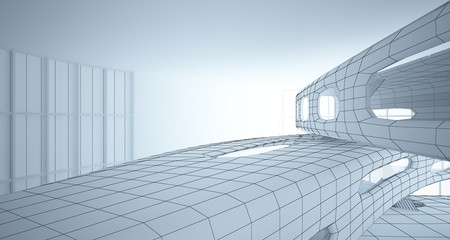 Fototapeta premium Abstract drawing white interior multilevel public space with window. 3D illustration and rendering.