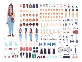 Teenage girl constructor or animation kit. Set of female teenager or teen body parts, facial expressions, hairstyles isolated on white background. Colored vector illustration in flat cartoon style.