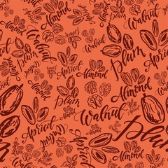 Seamless background with nuts and dried fruits. Vector illustration.