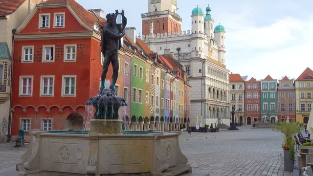 Fountain with statue in old town square of Poznan at Poland
