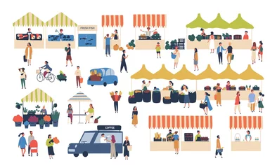 Foto op Plexiglas Seasonal outdoor street market. People walking between counters, buying vegetables, fruits, meat and other farmer products. Buyers and sellers on marketplace. Cartoon colorful vector illustration. © Good Studio