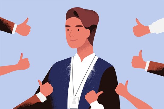 Smiling businessman or office worker surrounded by hands demonstrating thumbs up. Concept of professional acknowledgement, recognition, public approval and respect. Flat cartoon vector illustration.
