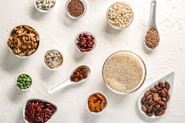 Various healthy products on light background