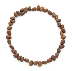 Circle made of tasty pine nuts on white background