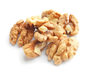 Tasty walnuts on white background
