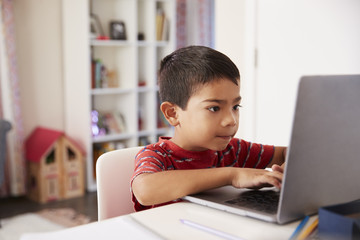 Young Boy Sitting At Desk In Bedroom Using Laptop To Do Homework