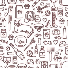 Seamless pattern with pet products and domestic animals drawn with contour lines on white background. Monochrome vector illustration in lineart style for fabric print, wrapping paper, wallpaper.
