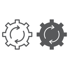 System update line and glyph icon, data and analytics, cog gear rotation sign, vector graphics, a linear pattern on a white background, eps 10.