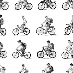 Fototapeta na wymiar The different townsmen ride on the bicycles