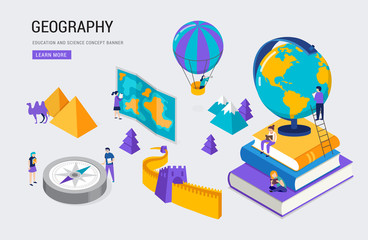 Geography class, school, college lesson. Isometric design