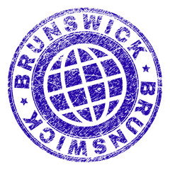 BRUNSWICK stamp imprint with distress texture. Blue vector rubber seal imprint of BRUNSWICK text with scratched texture. Seal has words placed by circle and globe symbol.