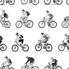 Obraz premium Vector pattern of the sketches of young cyclists