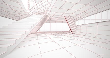 Abstract drawing white interior multilevel public space with window. 3D illustration and rendering.