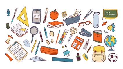 Collection of school supplies or stationery. Bundle of accessories for lessons, items for education of smart pupils and students isolated on white background. Colorful hand drawn vector illustration.
