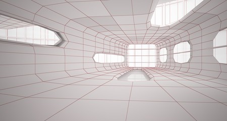 Abstract drawing white interior multilevel public space with window. 3D illustration and rendering.