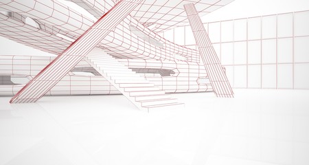 Abstract drawing white interior multilevel public space with window. 3D illustration and rendering.