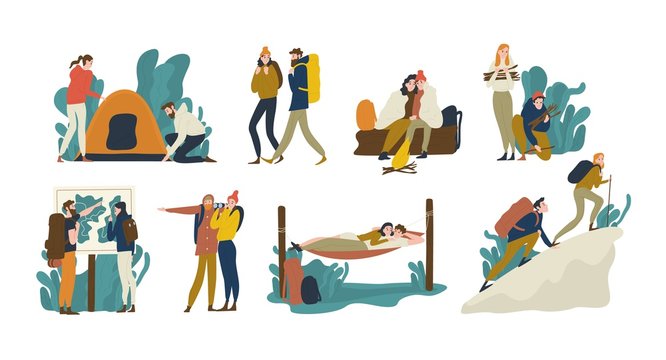 Collection of young romantic couples during hiking adventure travel or camping trip. Men and women pitching tent, lying in hammock, climbing mountain, backpacking. Flat colorful vector illustration.